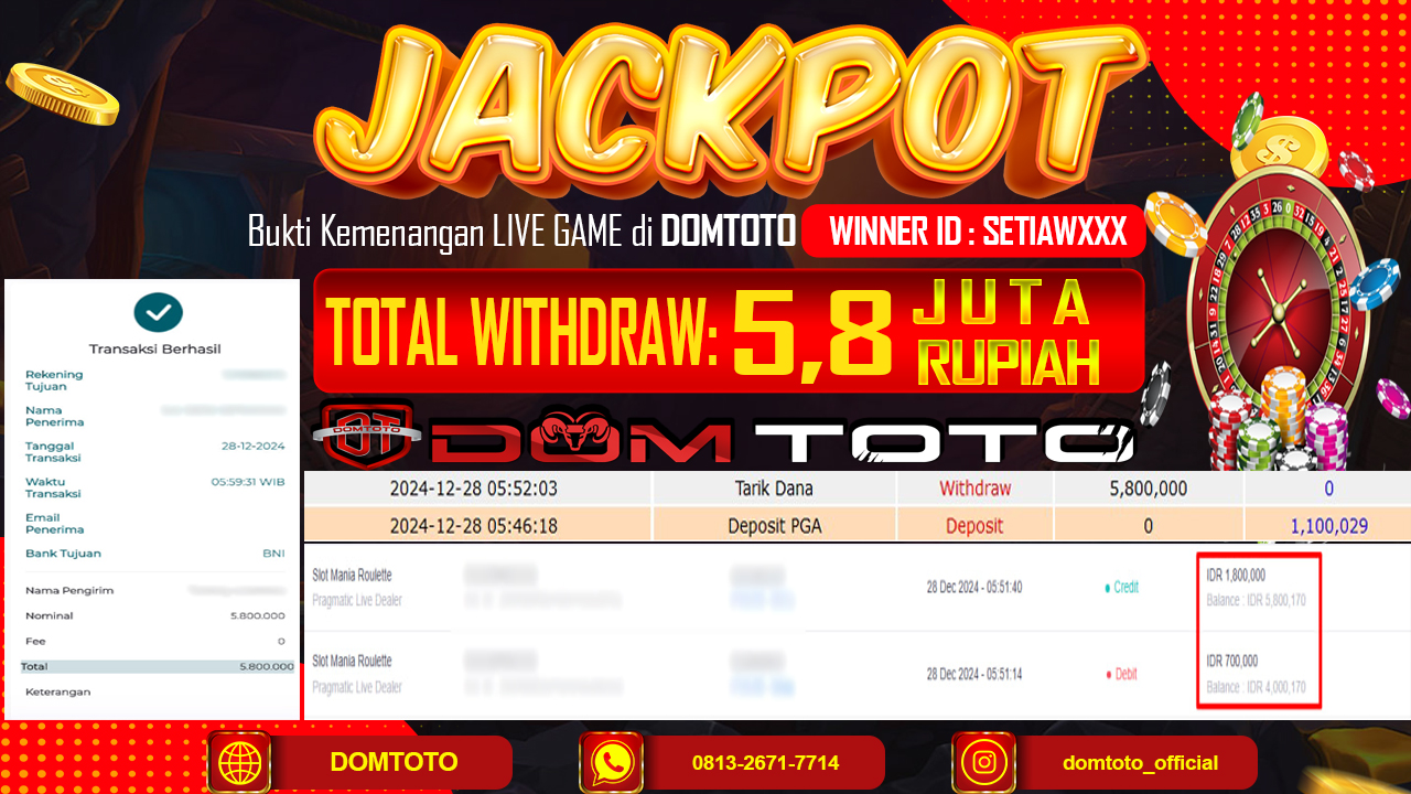 JACKPOT LIVE GAME SLOT MANIA ROULTTE 28 DESEMBER 2024